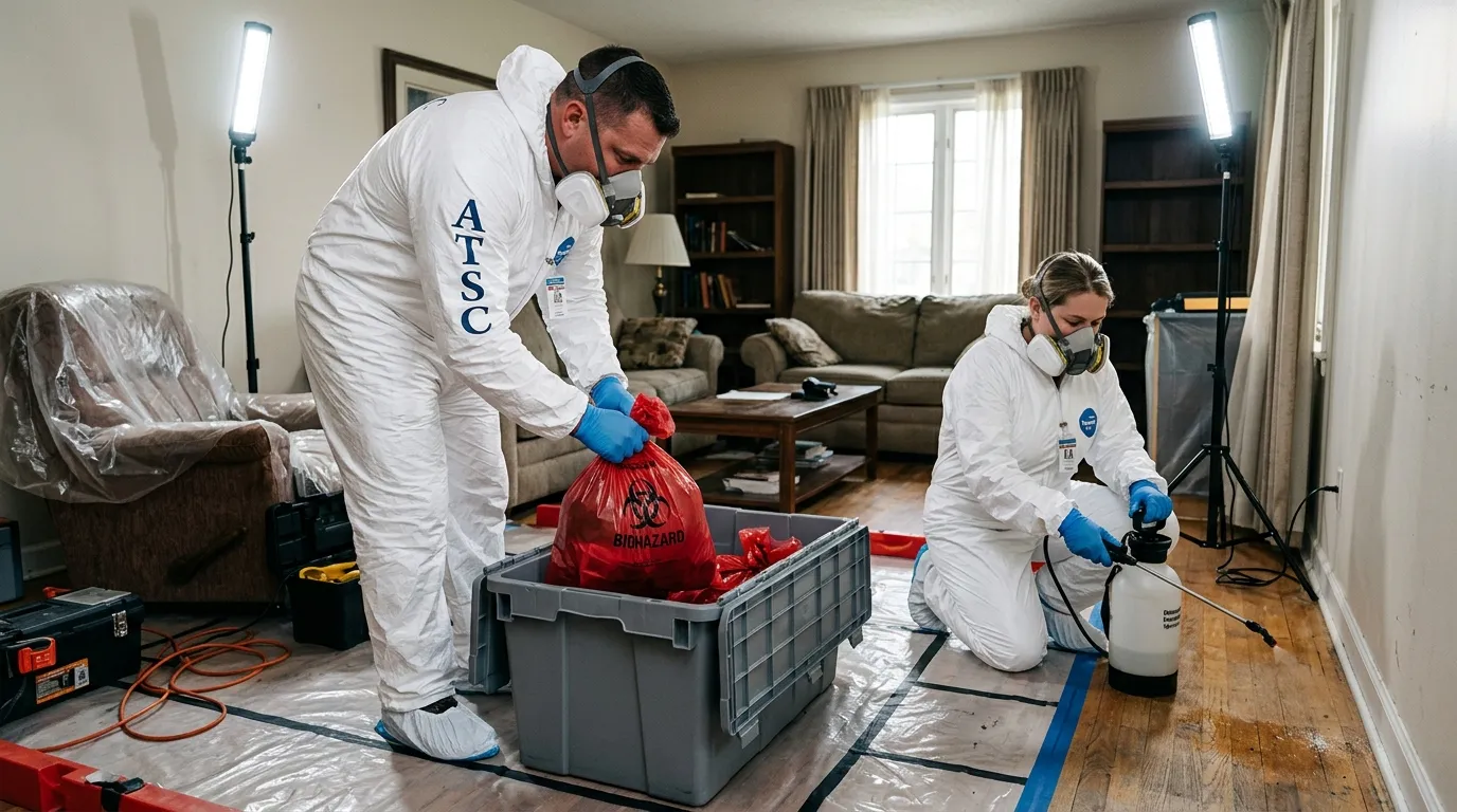 Professional Biohazard Cleanup technician in full PPE working in Fort Collins